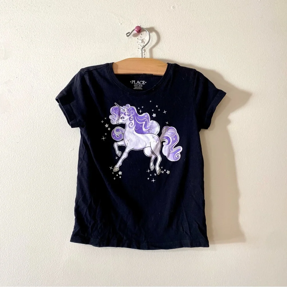 The Children's Place Unicorn T-Shirt Black Short Sleeve Tee Small 5 / 6